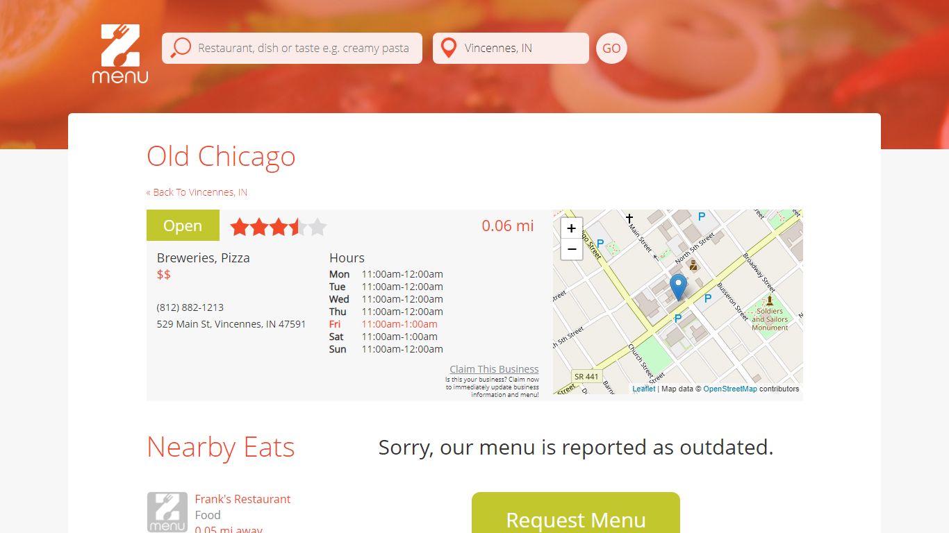 Online Menu of Old Chicago Restaurant, Vincennes, Indiana, 47591 - Zmenu
